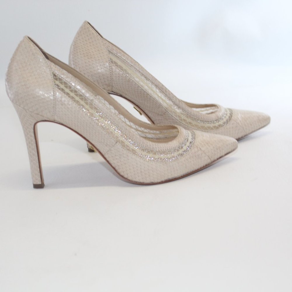 Pour la Victoire Leather Lace Pointed Toe Pumps Beige High Heels #133 - Picture 5 of 11